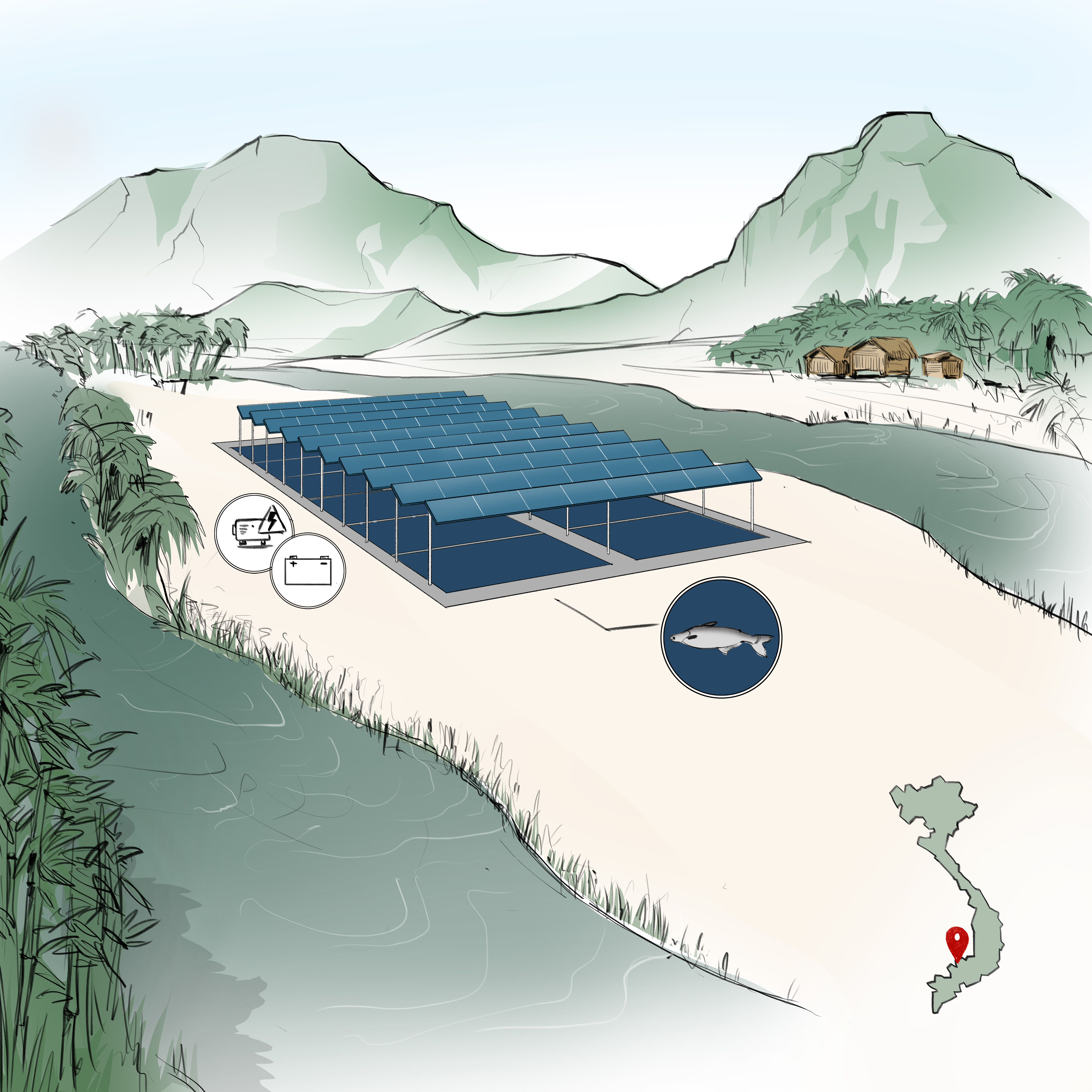 Planned pangasius photovoltaic plant for a self-sufficient electricity supply in An Giang. 