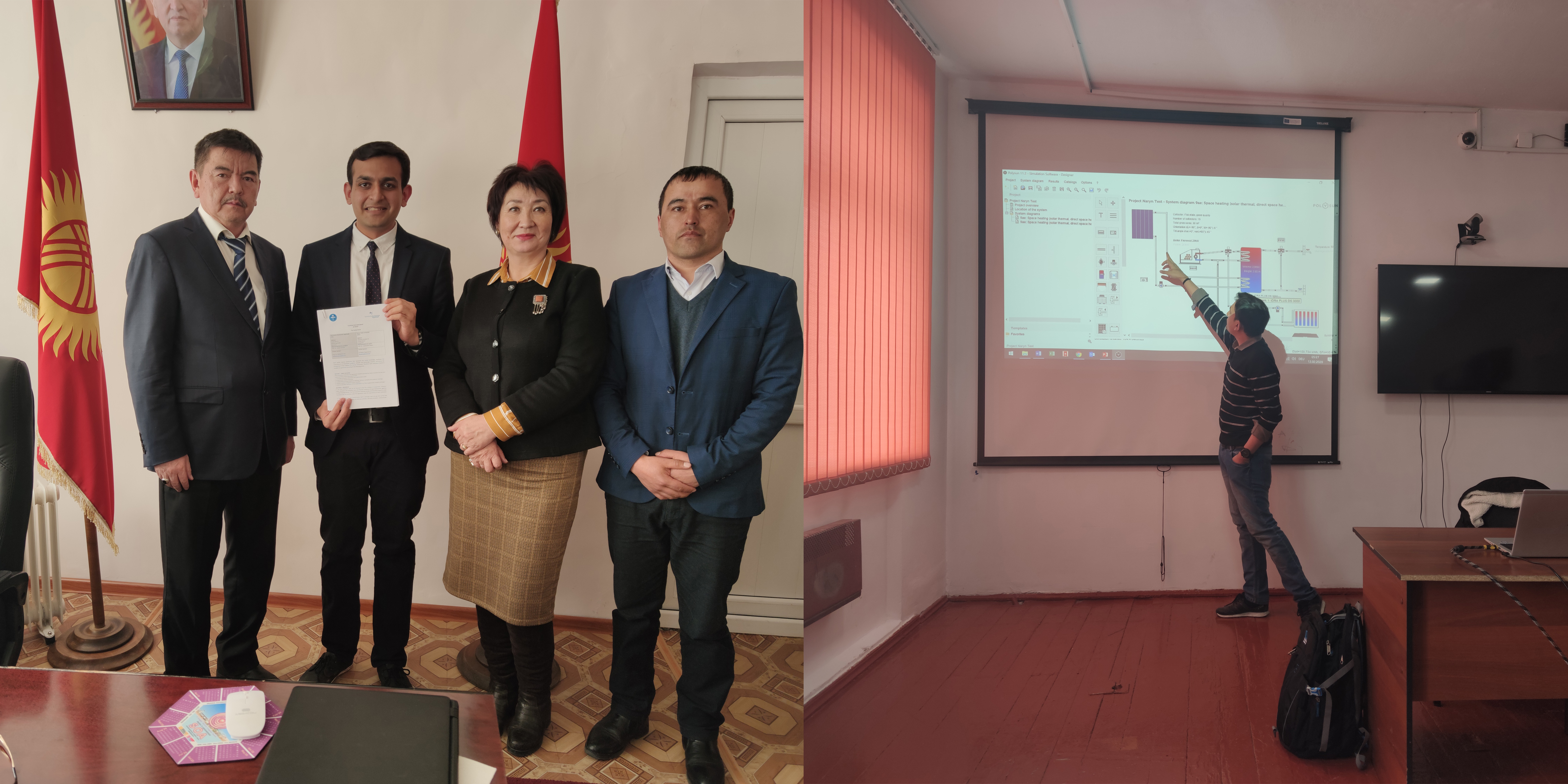 Austausch des Forschungsvertrags mit NSU-Rektor Prof Dr. Tashtanbek Siyaev (links) und Lehrtätigkeit am NSU-Campus (rechts) [© Kedar Mehta – TH Ingolstadt]
